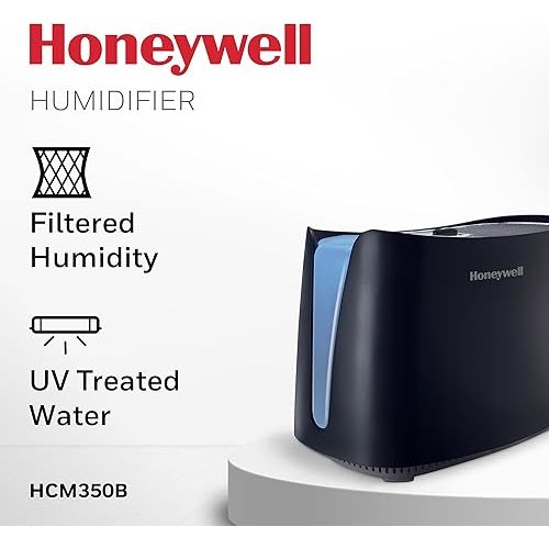 Honeywell Cool Moisture Humidifier For Bedroom, Medium Rooms, 1.1 Gallon, Invisible Moisture Humidifier for Baby, Kids, Quiet, Easy to Clean, UV Technology, Black, HCM350B
