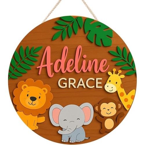 Personalized Wooden Name Sign for Nursery - Jungle Animals Custom Name Sign Baby Room Decor, Signs for Kids Room Wall Decor, Gift for Baby Shower, Newborn, New Mom Dad Gift