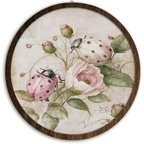 BIWSHA French Country Vintage Floral Botanical Bug Wall Art Decor, Rustic Cottagecore Ladybug Flower Round Wooden Wall Hanging Decor for Home Bedroom Living Room Bathroom, 10 Inch Diameter