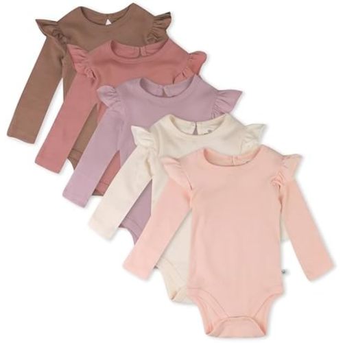 HonestBaby Baby Girls' 5-pack Long Sleeve Ruffle Shoulder Bodysuits 100% Organic Cotton for Infant Baby Girls