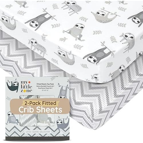 Baby Crib Sheets Boys & Girls Toddler Bed Sheets Cotton Fitted Crib Sheet Sets 28"x52", 8" Deep Pocket, Baby Mattress Sheet 2Pack 100% Cotton, Designed in France, Grey Sloth, Chevron Pattern