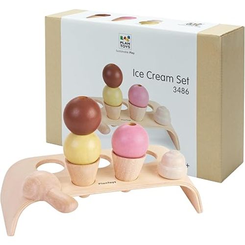 PlanToys® Wooden Ice Cream Playset for Kids | Includes Stand, Scoops & Cones | Pretend Dessert Play Food for Toddlers | Eco-Friendly Role Play Set for Imaginative & Fine Motor Skills Development