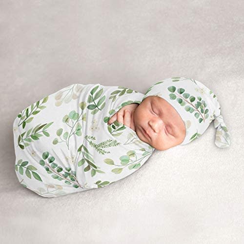 Sweet Jojo Designs Floral Leaf Baby Boy or Girl Cocoon and Beanie Hat 2pc Set Jersey Stretch Knit Sleeping Bag for Infant Newborn Nursery Sleep Wrap Sack - Green White Boho Botanical Woodland Garden