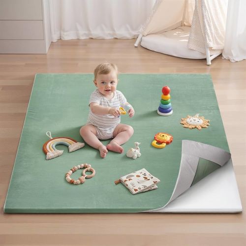 Blissful Diary Ultra Soft Baby Play Mat, 50x50 Floor Mat with Removable & Washable Slip-On Cover for Babies and Toddlers Infants, Sage Green