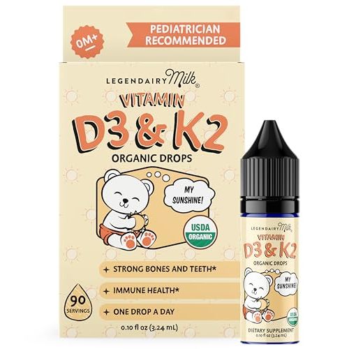 Legendairy Milk Organic Baby Vitamin D3 K2 Liquid Drops, 400 IU of Baby Vitamin D Drops for Infants with K2 Drops, Vitamin D Drops for Newborns, Toddlers, and Kids, Vegan, 90 Drops Liquid