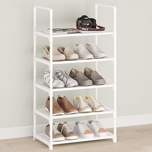 5-Tier Shoe Rack with Handrails, Stackable Narrow Shoe Storage for Entryway, 17.5" W x 11.4" D x 35.4" H, Space Saving Small Shoe Stand for Closet Hallway Dorm, Multi-Functional Shelf(White)