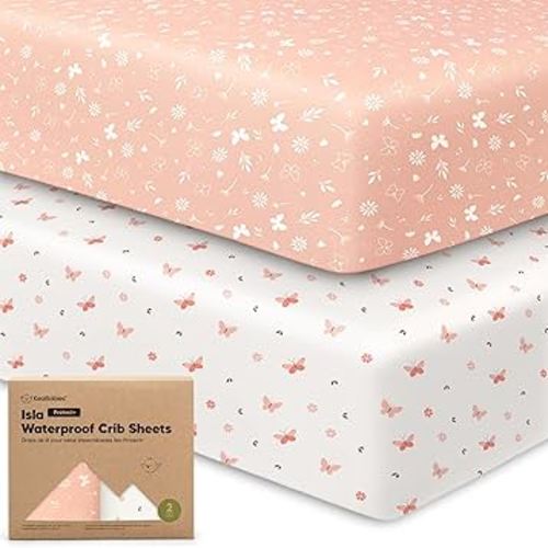 2-Pack Waterproof Baby Crib Sheets for Boys, Girls - 52x28 Viscose Derived from Bamboo Toddler Bed Sheet Neutral, Fitted Crib Mattress Protector Cover for Baby Bedding, Soft & Gentle (Butterflies)