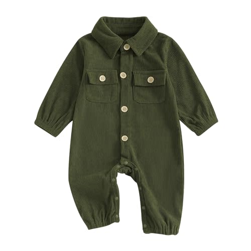 Karuedoo Newborn Baby Boy Girl Clothes Corduroy Long Sleeve Button Up Romper Jumpsuit Collared Bodysuit Fall Winter Outfit