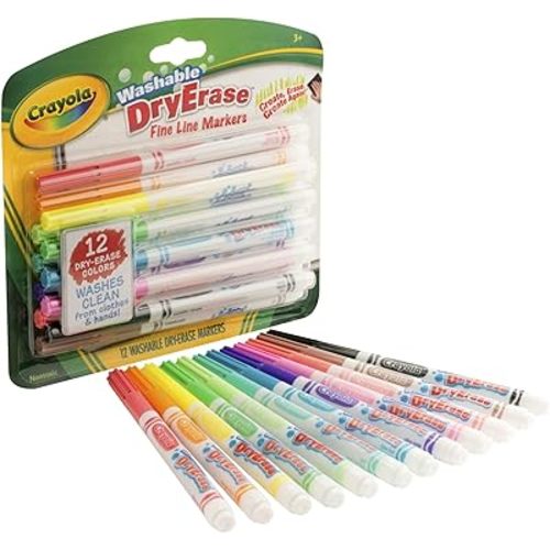 Crayola Washable Dry-Erase Fine Line Markers, 12 Classic Colors NonToxic Art Tools for Kids & Toddlers 3+