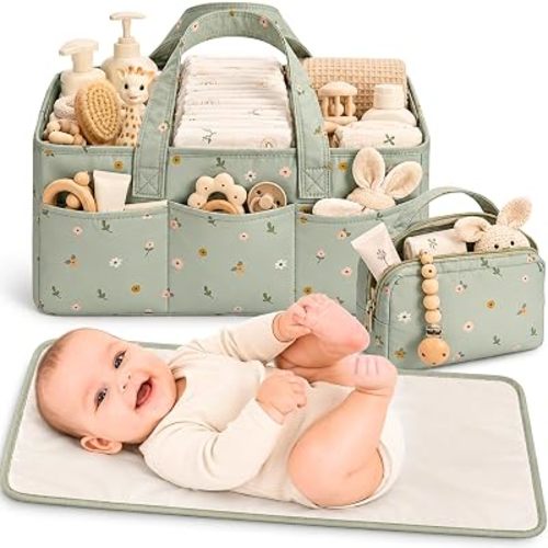 PeraBella Baby Diaper Caddy Organizer 3 Pcs Set, Floral Baby Basket Shower Gift, Nursery Organizer Basket for Newborn Boy Girl Essential Items, Changing Table Organizer Caddy for Baby Stuff, Car Caddy