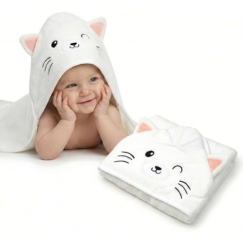Cuddling Baby Premium Baby Towel for Bath with Hood, Extra Soft, Silky Smooth Fabric, Made from Viscose derived from Bamboo and Cotton, Extra Large, Absorbent, Hypoallergenic, Machine Washable, Cat