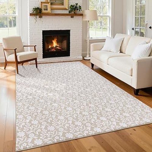 Vaukki 5x7 Area Rug for Living Room, Beige White Throw Carpet for Bedroom
