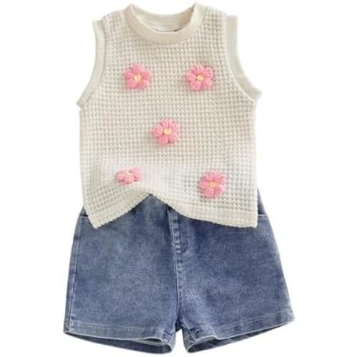 YINGISFITM Toddler Girl Clothes Baby Summer Waffle Knit Tank Top Sleeveless Shirt Jeans Shorts Floral Outfit Girls Clothing