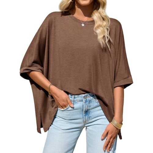 Tankaneo Womens Oversized Tshirts Batwing Short Sleeve Asymmetric Hem Tops Summer Casual Loose Fit Tunic Tee Shirts