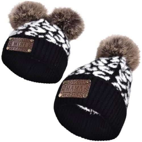2 Pcs Parent-Child Beanie Hat Mama Mini Leather Patch Knitted Cap Winter Warm Cuffed Mom Daughter/Son Cap with Pom Pom