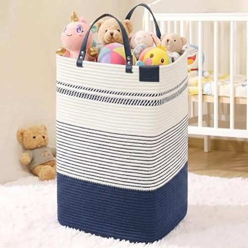 75L Woven Laundry Hamper with Long Leather Handles, Baby Laundry Basket for Nursery, Tall Hampers for Bedroom Aesthetic, Decorative Clothes Storage Basket for Family, White & Navy Blue
