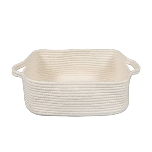 Woven Cotton Rope Storage Basket with Handles for Organizing Shelves Closet Small Cat Dog Pet Toy Baskets Box Bin Decorative Rectangle Baby Nursery basket Gift basket Empty(white)