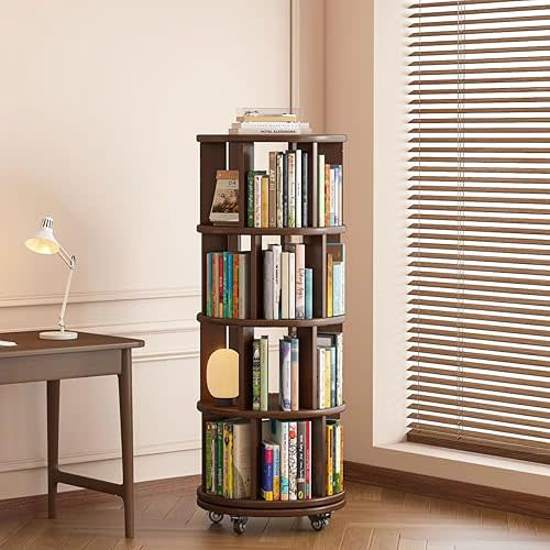 Saifu 4 Tier Solid Wood Rotating Bookshelf on Wheels,Round Revolving Bookcase,360° Spinning Book Shelf Tower,Rolling Bookshelves for Small Space, Corner, Bedroom, Kids Room,Office, Walnut