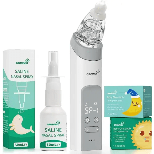 GROWNSY Breathe Easy Kit with Baby Saline Nasal Spray, Electric Nasal Aspirator, 2PCS Natural Day & Night Chest Rubs, Instantly Relieve Nasal Congestion and Helps Baby Sleep Better