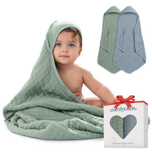 Comfy Cubs Hooded Baby Towel 2-Pack, Large 32 x 32 Inch - 6 Layer 100% Muslin Cotton for Babies, Toddlers, Kids - Soft & Absorbent Baby Bath Towels - Unisex Design for Bath Time, Pacific Blue and Fern