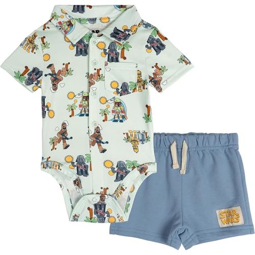STAR WARS Baby Hawaiian Button-Down Bodysuit & French Terry Shorts Outfit Set Newborn to Infant Sizes (Newborn - 24 Months)