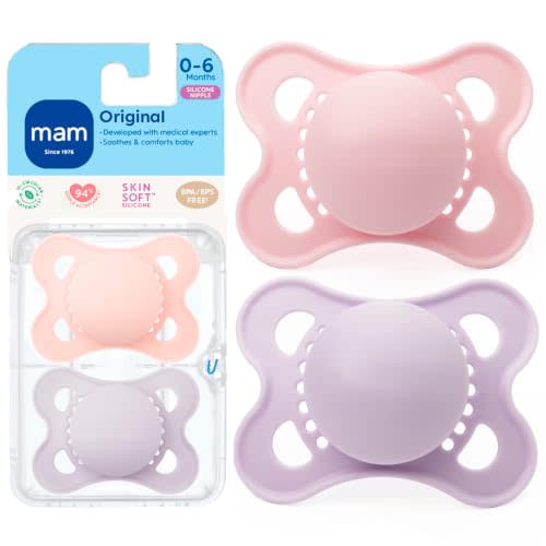 MAM Original Baby Pacifier 0-6 Mths, Skin Soft Silicone Nipple, 2 Pack | For Newborn Babies, BPA-Free Skin Soft Silicone Nipple, Developed With Medical Experts, With Sterilizer Case, Made In Europe