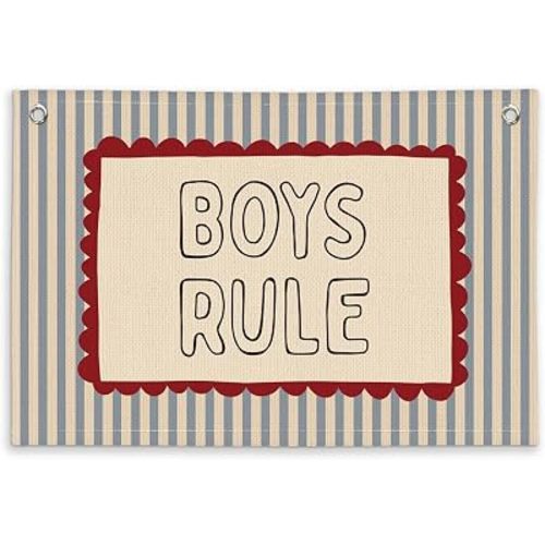 Boys Room Decor, Boys Rule Wall Hanging Banner, Retro Blue Stripe Kids Room Wall Decor, Fun Playroom Bedroom Nursery Wall Hanging Banner for Toddler Boy Room Decor, 20x30 Inch