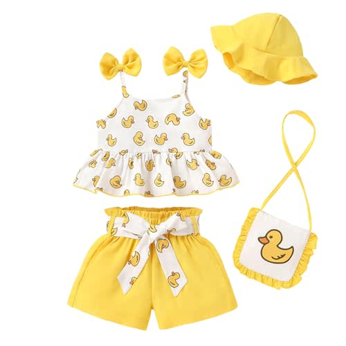 Happy Town Toddler Baby Girl Clothes Summer Outfits Cute Ruffle Sleeveless Tank Tops Shorts Set with Hat and Bag
