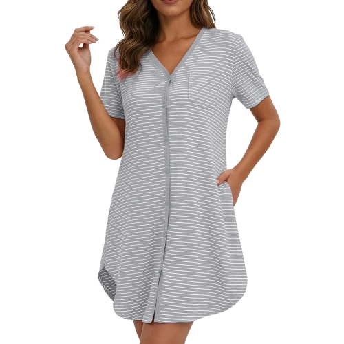 Mecto Women's Soft Cotton Nightgown, Short Sleeve V-Neck Button Down Sleepshirt with Pockets, Casual Striped Night Gowns, Size L (Pack of 1)