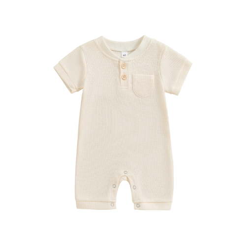 Suealasg Baby Boy Summer Outfits Newborn Boy Rompers Short Sleeve Button Down Jumpsuits 3 6 9 12 Months Infant Waffle Playsuit