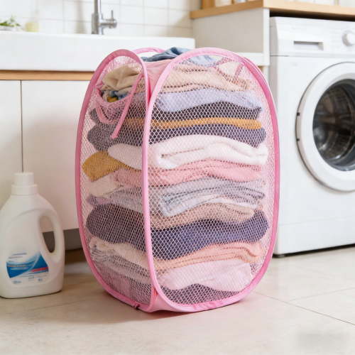 Foldable Laundry Hamper, Mesh Storage Bag with Pocket, Carry Handle Bin, Dirty Clothes Organizer for Home Bathroom