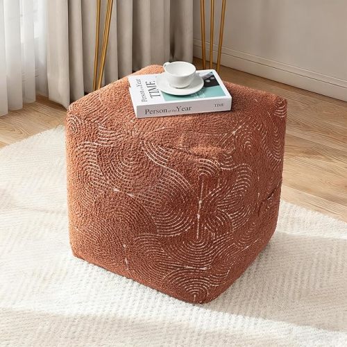 AELS Unstuffed Boho Textured Pouf Cover, Organic Modern Mid Century Rainbow Tufted Storage Bean Bag Cubes, Farmhouse Square Ottoman Pouf Foot Rest Footstool, 18"x18"x18", Cover ONLY, Burnt Orange