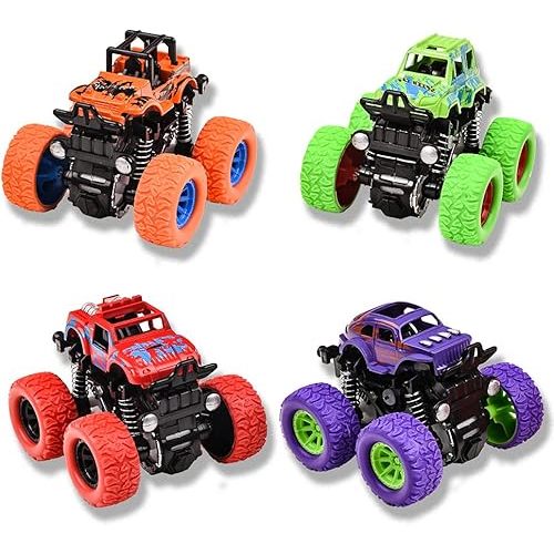 Monster Trucks for Boys, 4 Pack Pull Back Vehicles Cars for Toddlers, 360° Rotation 4 Wheels Drive Durable Friction Cars Powered Push and Go Toys Truck Playset Gift for 3 4 5 6 7 8 Year Old Kids Girls