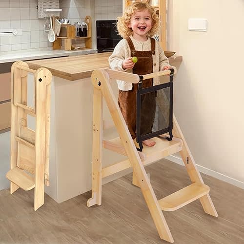 Foldable Toddler Tower, 3 Adjustable Height Toddler Standing Tower, Wooden Kids Kitchen Stool Helper with Safety Rails, Space Saving Kids Step Stool - Ages 18 Months to 6 Years