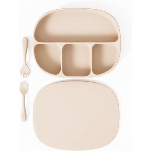 Baby Feeding essentials Baby Led Weaning Supplies in neutral Beige Color with Suction plates for baby with lid and baby spoons and toddler forks - (3 Piece Set)