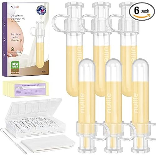 Nuliie Colostrum Collector Kit 7ml/6pcs, Leakproof, Reusable Breast Milk Collector, Heat & Freezer Resistant, BPA-Free, With Cotton Cloth Wipe, Storage Case, Cleaning Brush - Ready-to-Use for Newborns