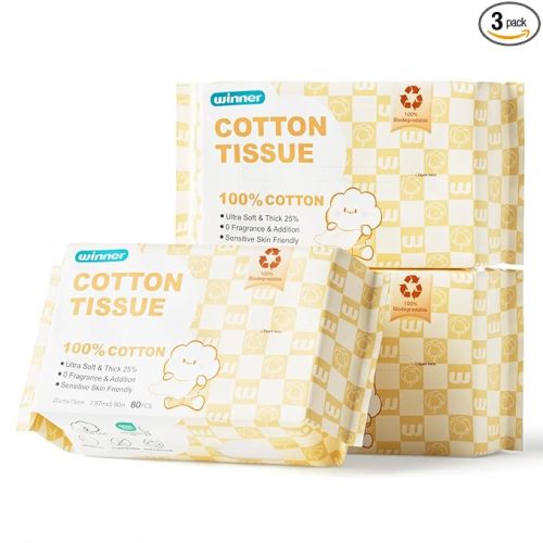 Winner 100% Cotton Dry Wipes, USDA Certified Baby Wipes, 33% Thicker & Ultra Soft, Hypoallergenic & Unscented for Baby Sensitive Skin, Wet/Dry for Diaper Changes, Meals & Cleanup, Pack of 3, 240 pcs