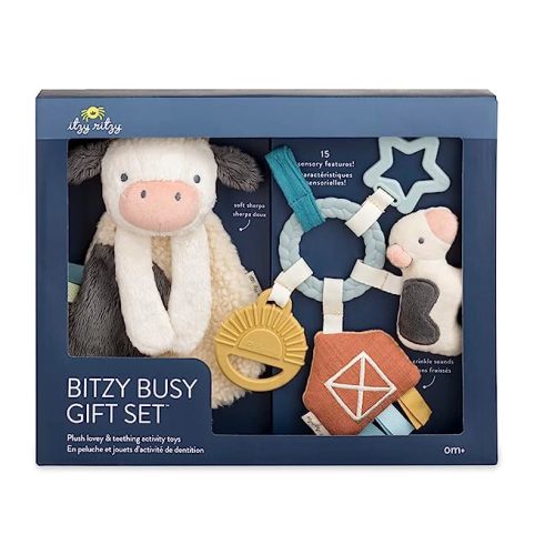 Itzy Ritzy Farm Toy Gift Set - Includes Cow Lovey & Farm-Themed Busy Ring Car Seat and Stroller Toy - Features Crinkle Sounds, Engaging Textures & Silicone Teething Relief (Farm)