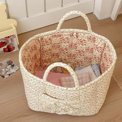 Quilted Fabric Storage Basket Boho Floral Laundry Baskets with Handles Collapsible Quilted Soft Basket for Car, Clothes, Toys Storage