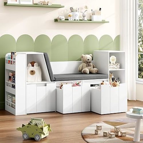 61.5" Kids Reading Nook with 3-Layer Bookshelf, Reading Nook for Kids with Double Bench and Rolling Drawers, Bookshelf and Toy Storage for Nursery, Playroom (White) | Double Bench and Rolling Drawers, Bookshelf and Toy Storage for Nursery, Playroom, White