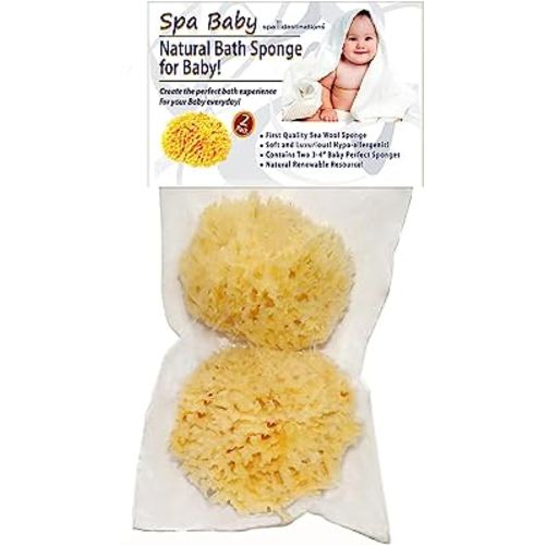 Spa Baby Absorbent Natural Bath Sponge Spa Destinations. Ultra Soft Premium Sea Wool Sponge, Biodegradable, Bath Accessories Baby and Kids, Infant Bath. Two (2) Pack 3-4 inch for Moms