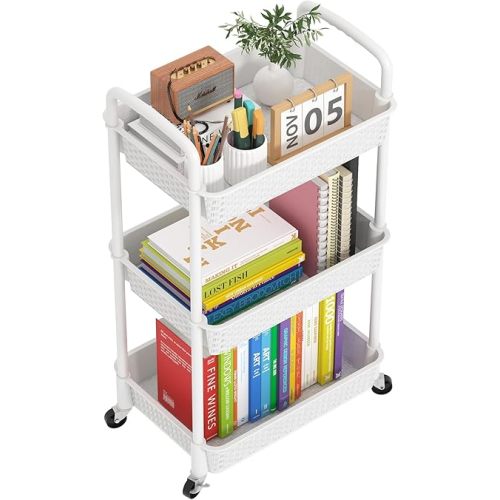MOYIPIN 3-Tier Plastic Rolling Utility Cart with Handle,Utility Storage Cart for Office, Living Room, Kitchen,Movable Storage Organizer Shelves,White