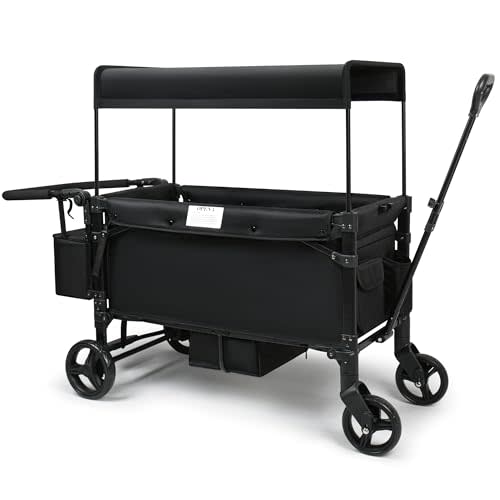 VOOI Stroller Wagon, 2 Seater Kids Wagon, Collapsible with 5-Point Harnesses, Zipper Door, Sun Canopy