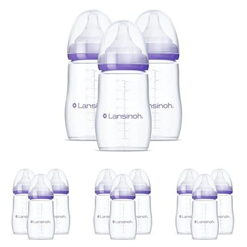 Lansinoh Anti-Colic Baby Bottles, BPA-Free Plastic, 8 Ounces, 3 Count, Medium Flow Nipples (Size M), Breastfeeding Bottle with NaturalWave Design