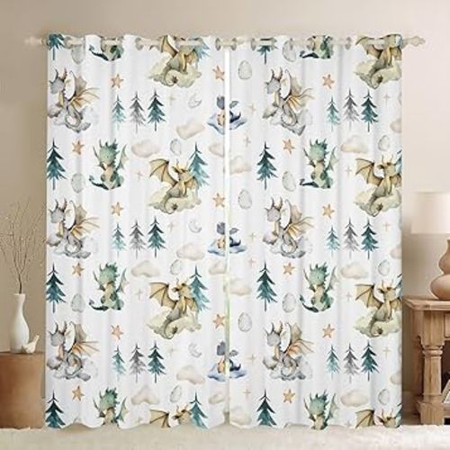 jejeloiu Cute Dragon Curtains for Bedroom Living Room Baby Dragon 30%-50% Blackout Shades Kawai Cloudy Room Darkening Curtain Tree Botanical Window Treatments, 2 Panels 38 x 54 Inch Light Blue White