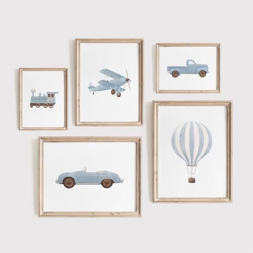 Blue Car Wall Art Decor Boys Room Canvas Poster Vintage Train Transportation Wall Art Watercolor Toddler Art Prints Blue Car Pictures Painting for Boy Bedroom Kids Nursery 12x16 Inch Unframed Set of 5