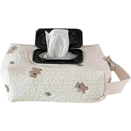 Diaper and Wipes Pouch Portable Embroidered Bear Diaper Pouch Reusable Portable Wipes Container with Hanging Hanlde for Car Home Travel