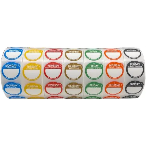 QSRProducts Removable Day Label - 1 inch - Peel Tab - Week (Mon-Sun) (7000 Stickers) - Food and Restaurant Day Dots - FIFO - Inventory Management Labels - Meal Prep Stickers