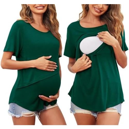 Ekouaer Women Short Sleeve Nursing Shirts Soft Maternity Tops Double Layer Breastfeeding Blouse Round Neck Pregnancy Clothes