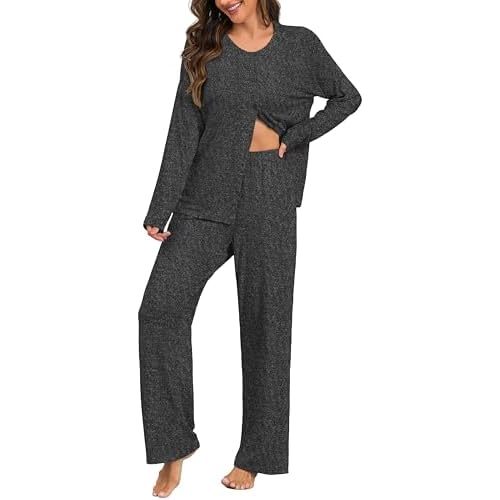 PrinStory Womens Pajama Set Long Sleeve Pajamas Button Down 2 Piece Pjs Sleepwear Soft Lounge Set with Pockets
